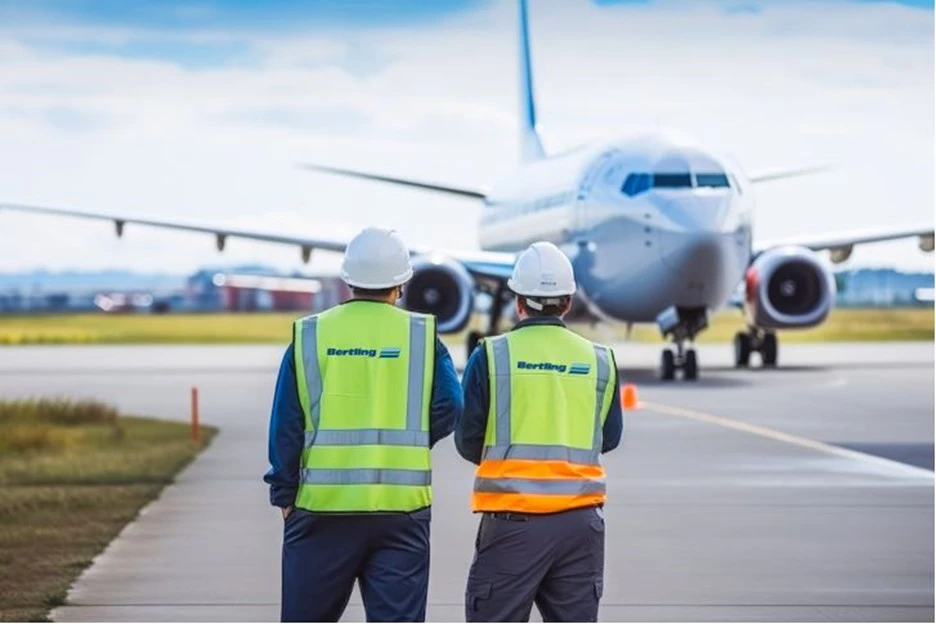 airplane just landed people standing in front of plane with yellow vests